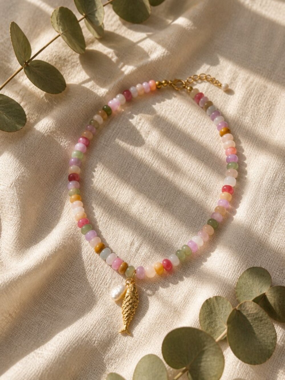Gold Fish Pendant Necklace Colorful Stone Beaded Pearl Charm Coastal Bohemian Je